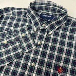 Ralph Lauren Golf Shirt Mens XL Green Plaid Tilden Button Down Long Sleeve Crest